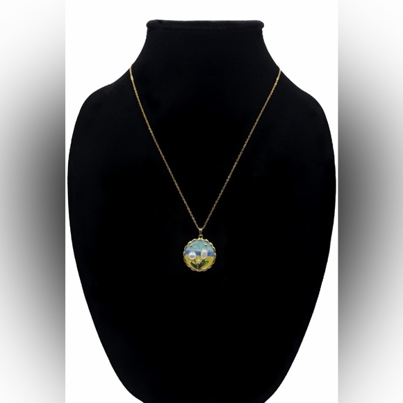 Pastel Enamel Flower Pendant w/ Faux Pearl Accents on Stainless Gold Tone Chain - Picture 8 of 12